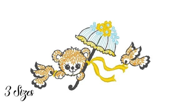 Cute Teddy Bear with Bird and Umbrella